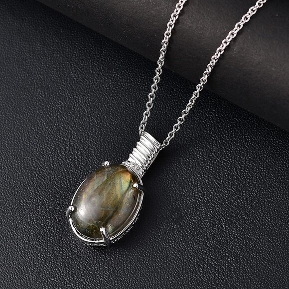Necklace Malagasy Labradorite 12.25 ctw Platinum Bond with Stainless Steel 20" - Picture 3 of 8